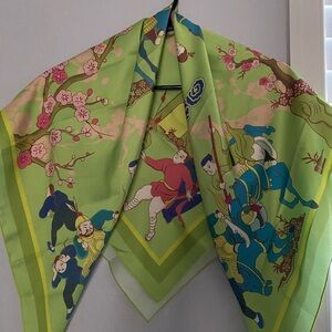 La Artisan Vibrant Green Silk Scarf with Colorful Print